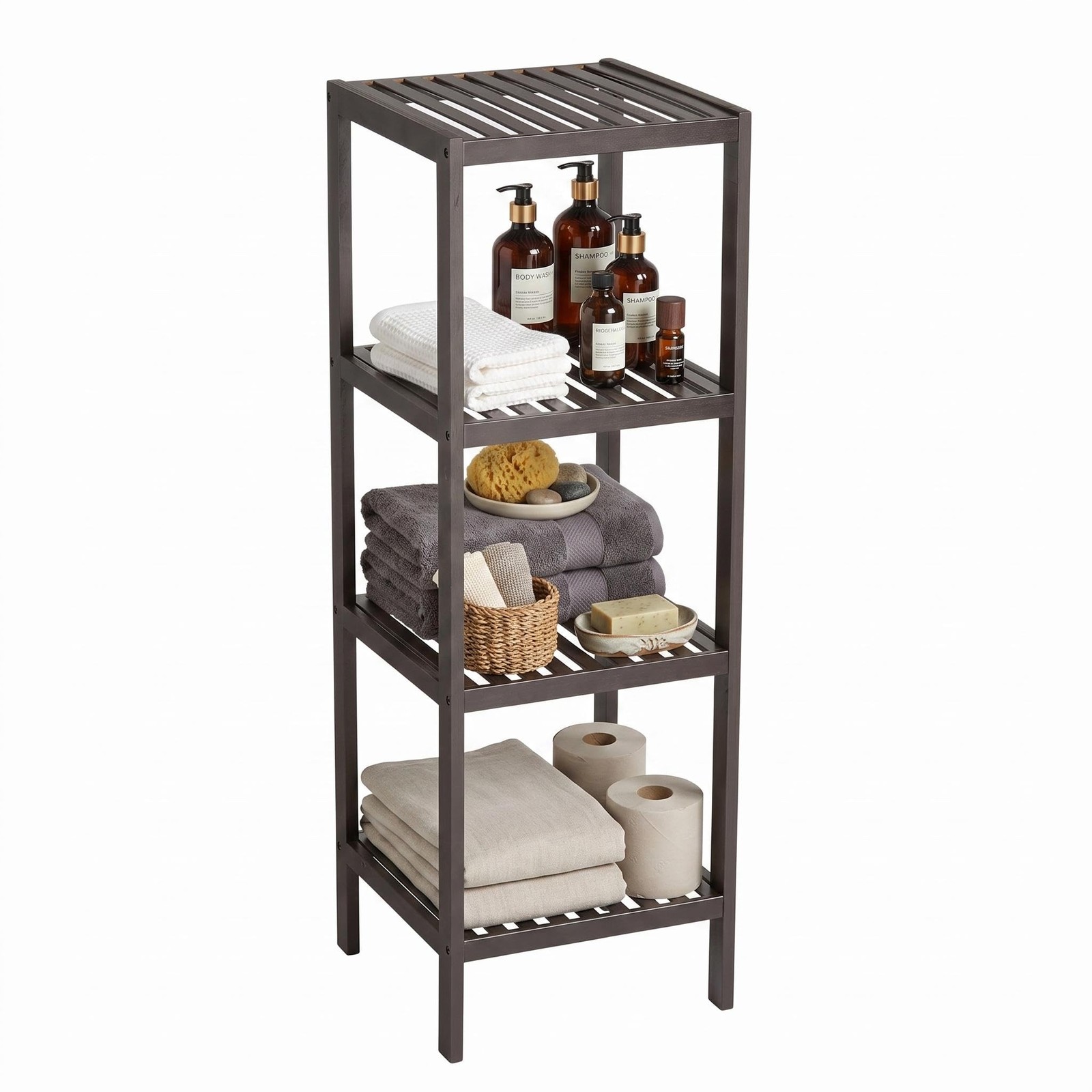 4 Tier Bamboo Bathroom Shelf Narrow Storage Rack Freestanding Space Saving Stand