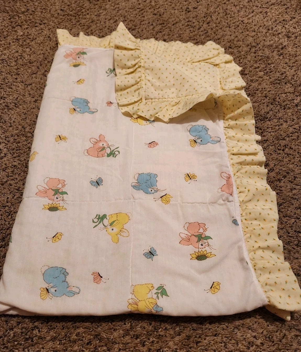 Vintage Homemade Quilted Bunny Baby Blanket Pastel Pink Yellow Blue Double Sided