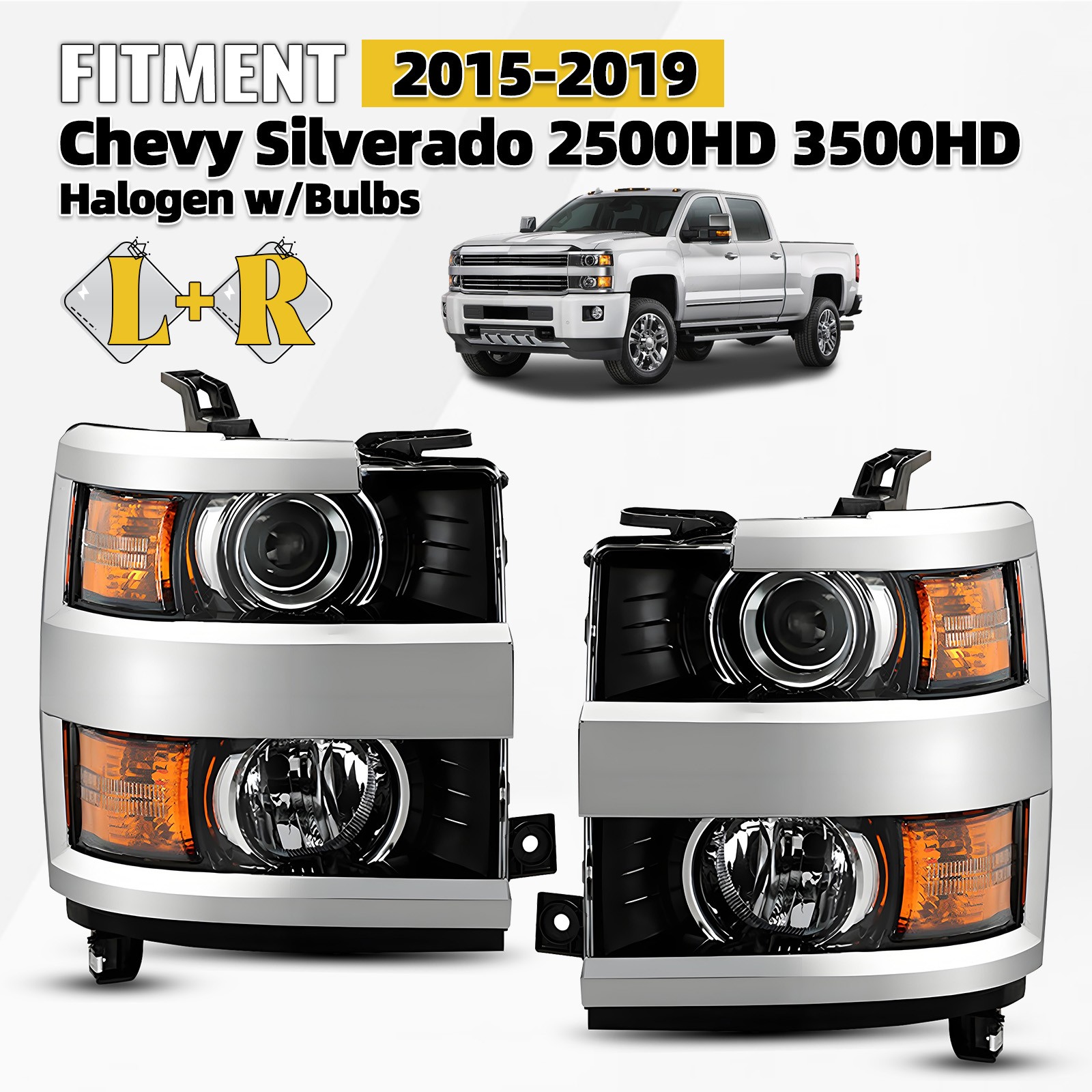 Chrome Halogen Headlight For 2015-2019 Chevy Silverado 2500HD 3500HD Pair W/Bulb
