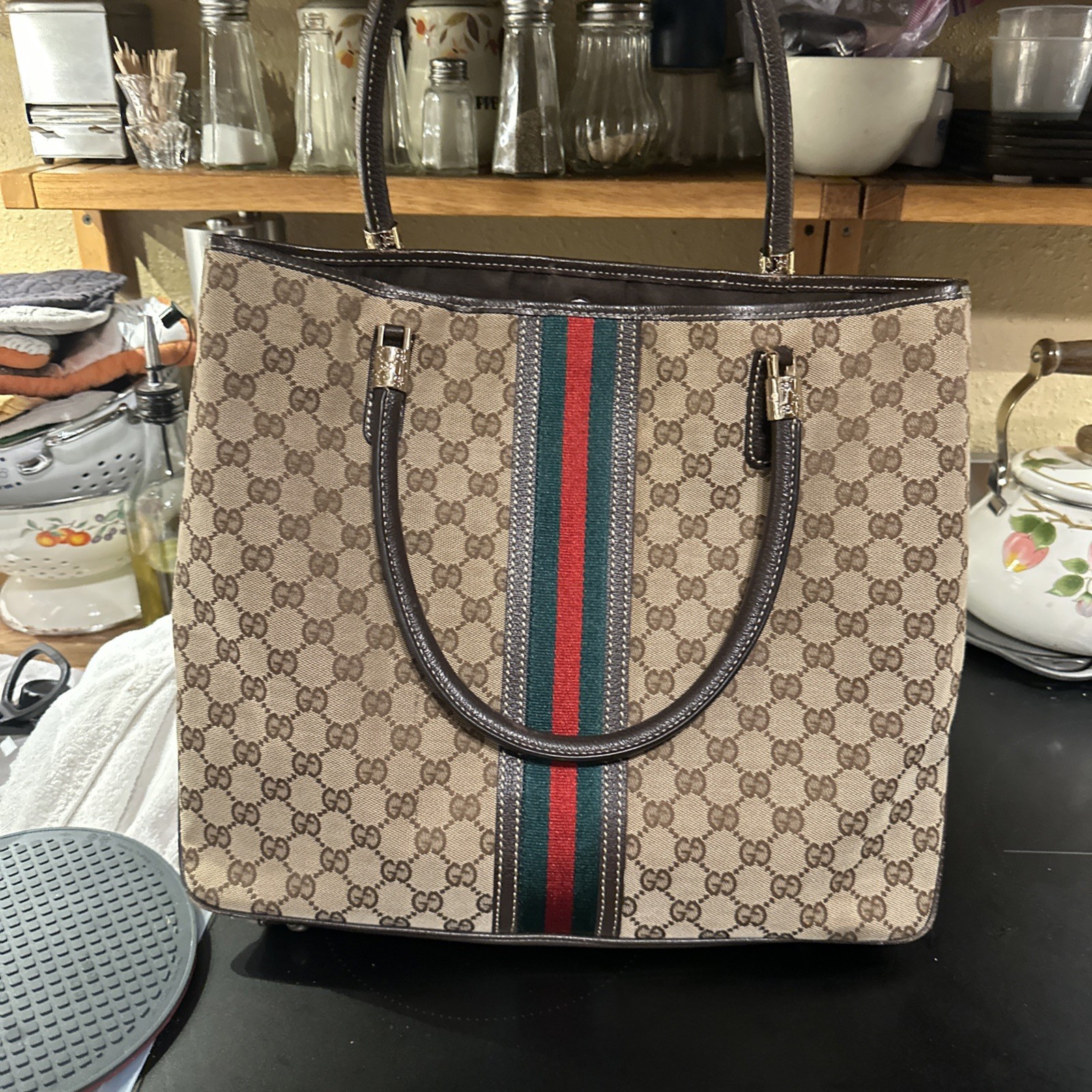 GUCCI GG Canvas Web Sherry Line Tote Bag Beige Green Red Auth 99964