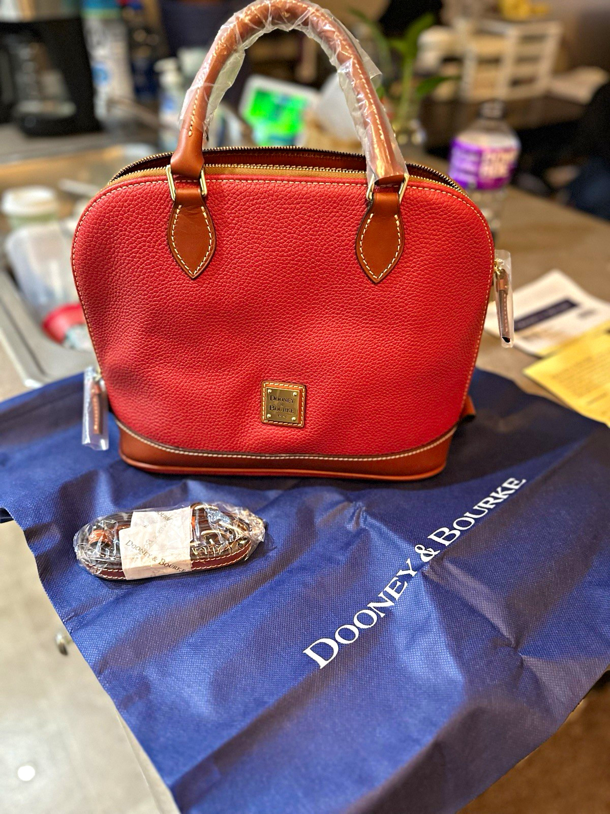 Dooney & Bourke Pebbled Leather Zip ZipSatchel NWT Red/Brown Strap Dust Bag Dooney & Bourke Pebbled Leather Zip ZipSatchel NWT Red/Brown Strap Dust Bag
