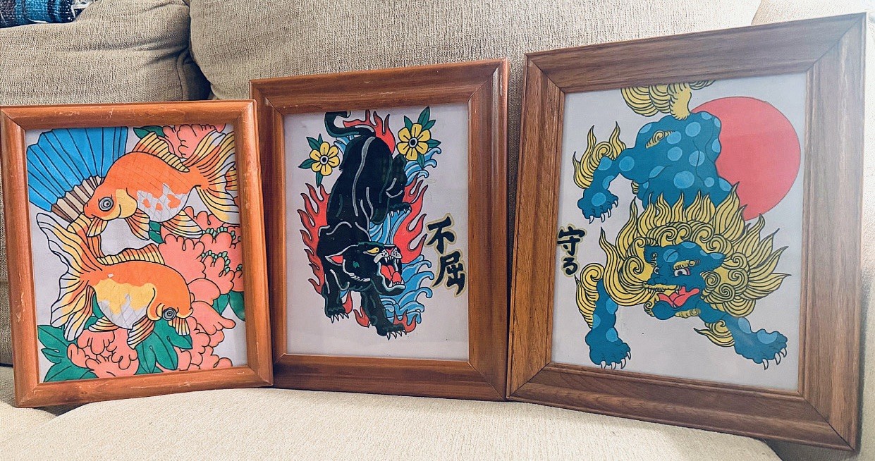 Original Hand Drawn Japanese Tattoo Art Set Koi Panther Shishi Framed