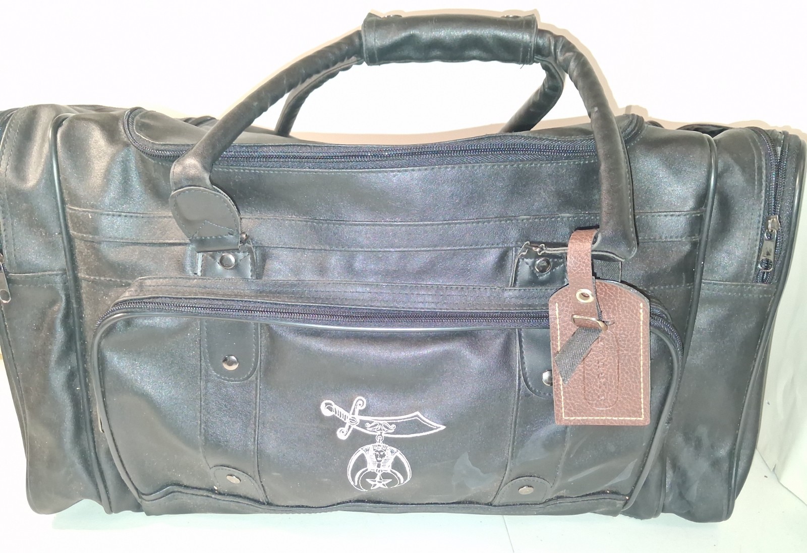 Vintage Shriners International Masonic Duffle Travel Bag Black Leather...