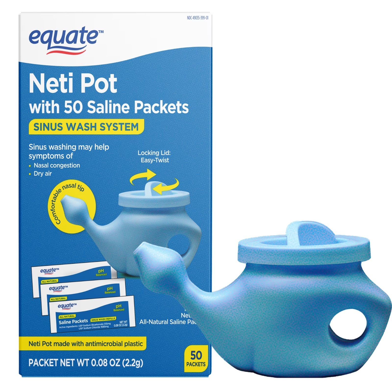 Equate Neti Pot with 50 Saline Packets Nasal Wash System for Sinus Congestion