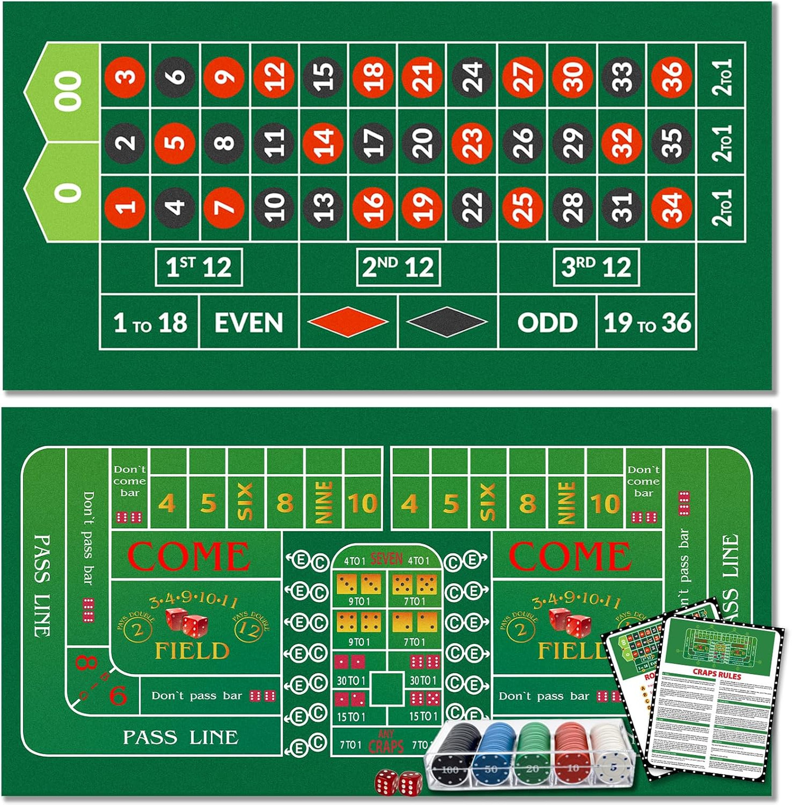 Double Sided Roulette & Craps Table Top Mat - 36\ Double Sided Roulette & Craps Table Top Mat - 36\