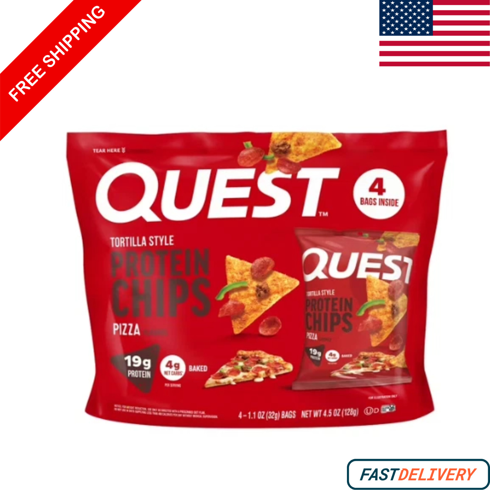 Quest Tortilla Style Protein Chips, 19G Protein,Baked,Pizza Flavor,1.1Oz Bags