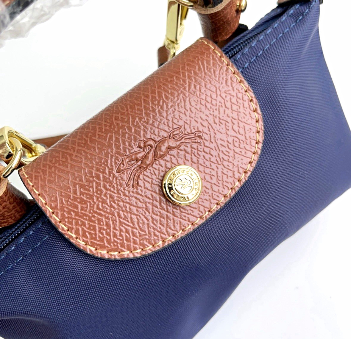Longchamp Le Pliage Small Blue/Brown Top Handle Bag Detachable Strap Zip Longchamp Le Pliage Small Blue/Brown Top Handle Bag Detachable Strap Zip