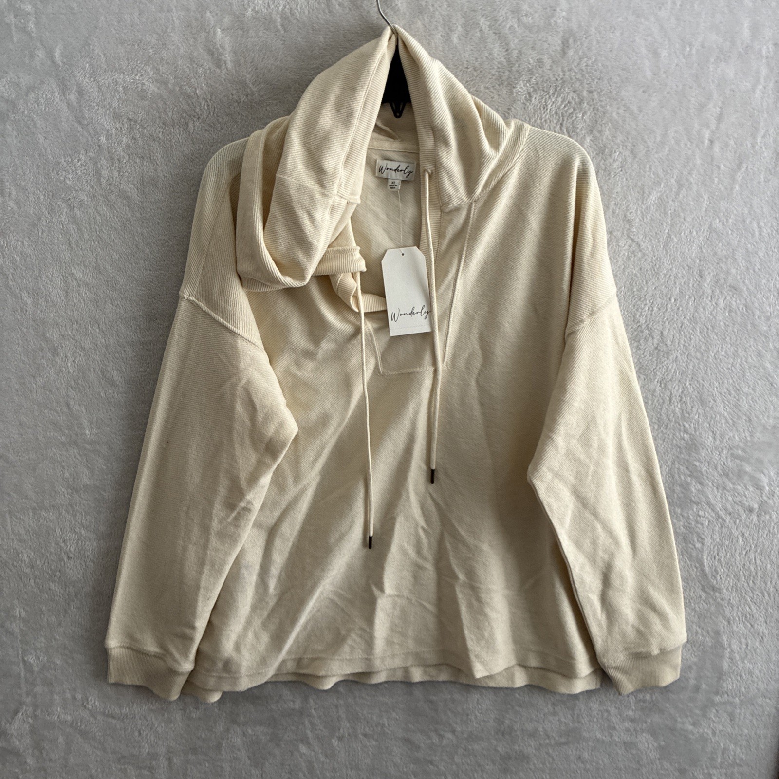 Wonderly Womans Sweater Top Beige Solid XL Cotton Blend Long Sleeve Hoodie