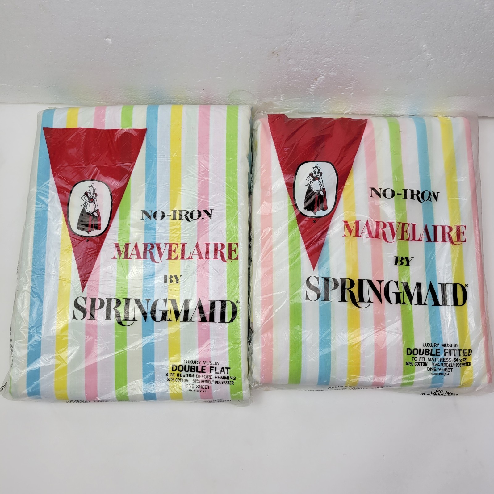 VTG Springmaid Wondercale DBL Flat & Fitted Sheets Retro Yellow Striped New VTG Springmaid Wondercale DBL Flat & Fitted Sheets Retro Yellow Striped New
