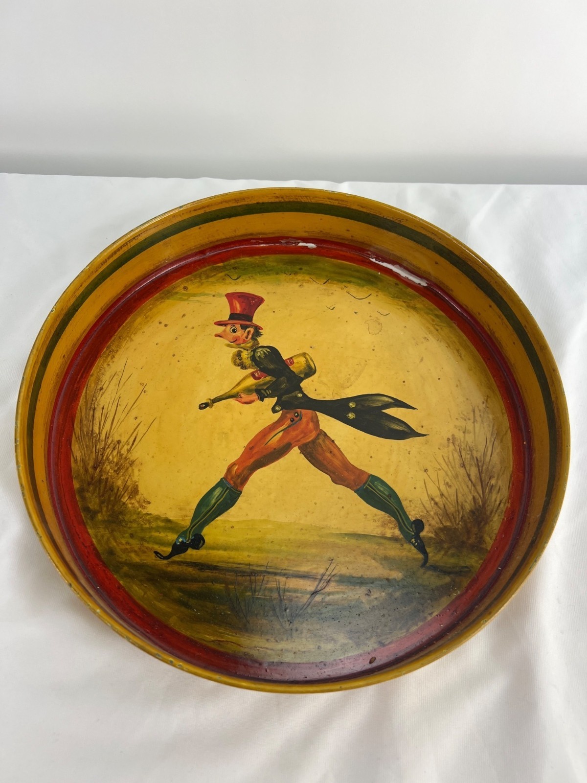 Peter Ompir Signed Metal Tray Folk Art Hand Painted Colonial Man Wine Peter Ompir Signed Metal Tray Folk Art Hand Painted Colonial Man Wine