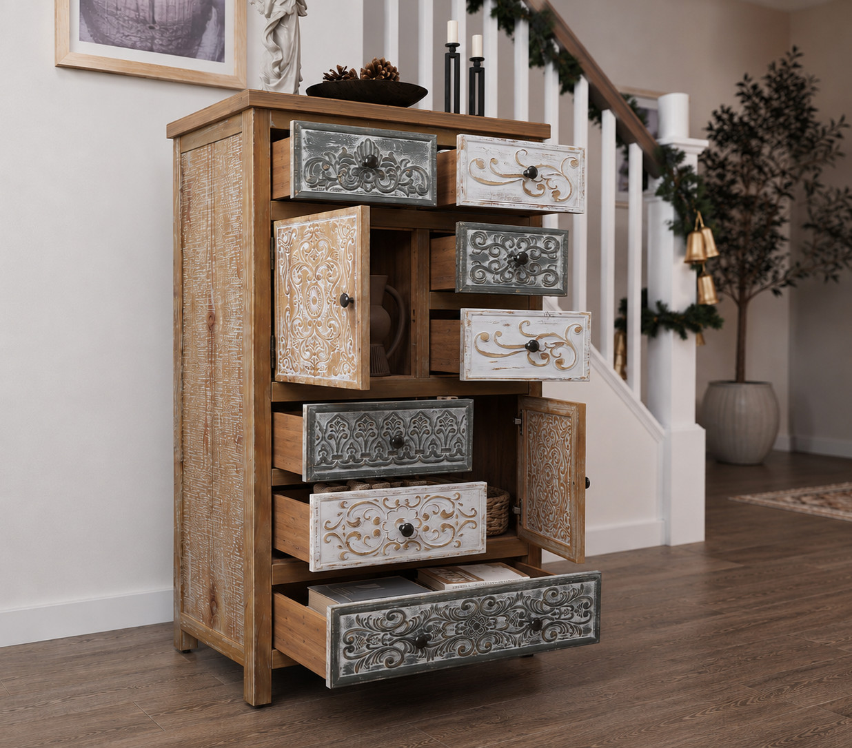 Boho Farmhouse Tall Storage Cabinet Multi-Drawer Carve Wood Vintage French Chest
