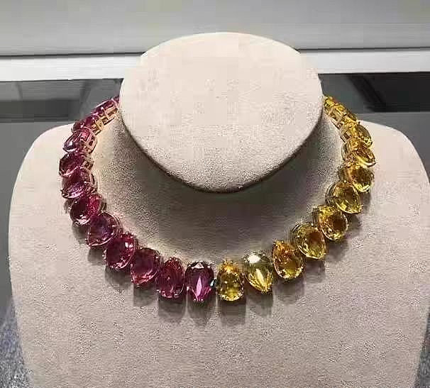 Swarovski Crystal Millenia Pear Cut Ambilight Gold Plated Pink Crystal Necklace