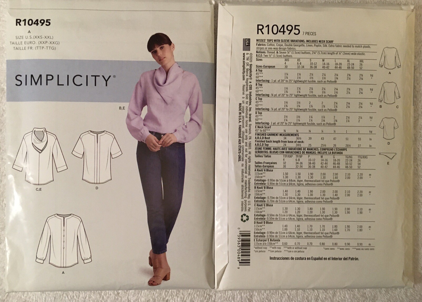 Simplicity Pattern R10495/9108 Misses\' Tops w/ Sleeve Variations & Scarf XXS-XXL Simplicity Pattern R10495/9108 Misses\' Tops w/ Sleeve Variations & Scarf XXS-XXL