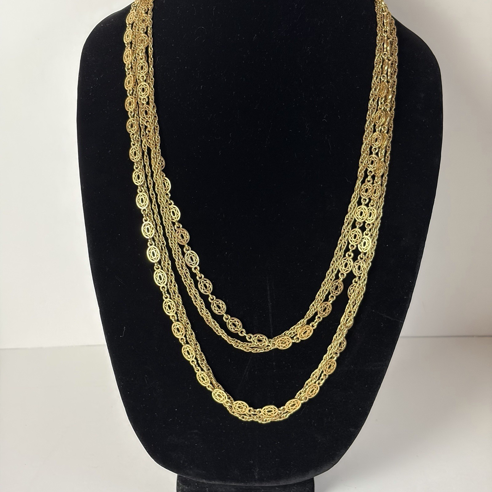 Vintage Signed Monet Gold Tone Filigree & Chain Link MCM 3 Strand Necklace 52”