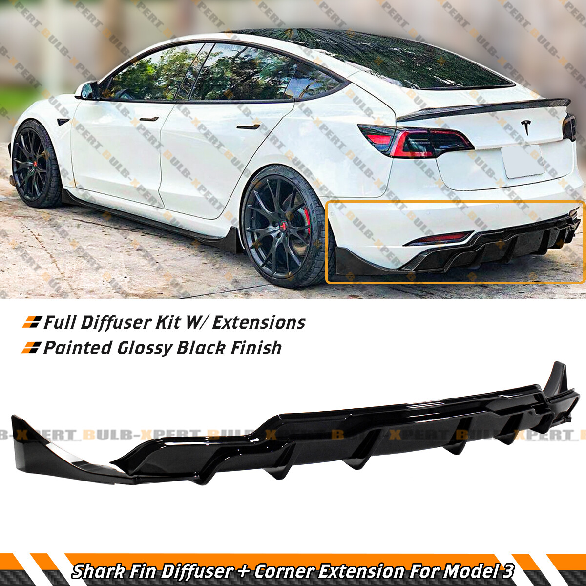 BLACK PERFORMANCE REAR BUMPER DIFFUSER W/ EXTENSIONS FOR 2017-2023 TESLA MODEL 3