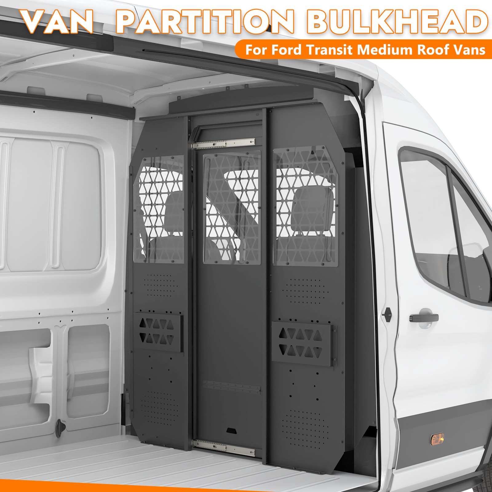 MELIPRON Van Safety Partition Bulkhead for Ford Transit Med Roof, w/ Door Handle