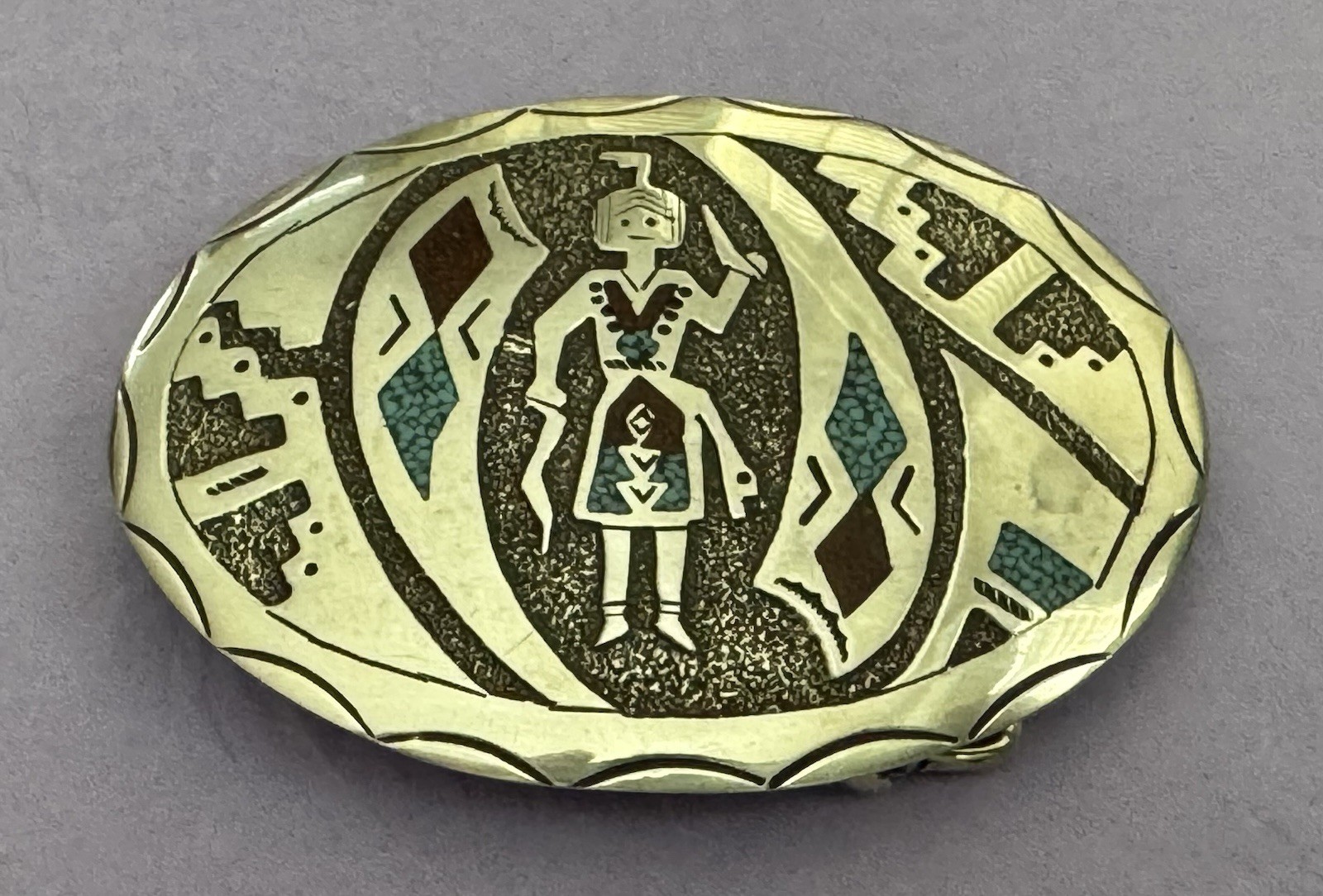 VTG Navajo Raymond Begay Sterling Silver Turquoise Coral Chip Inlay Belt Buckle
