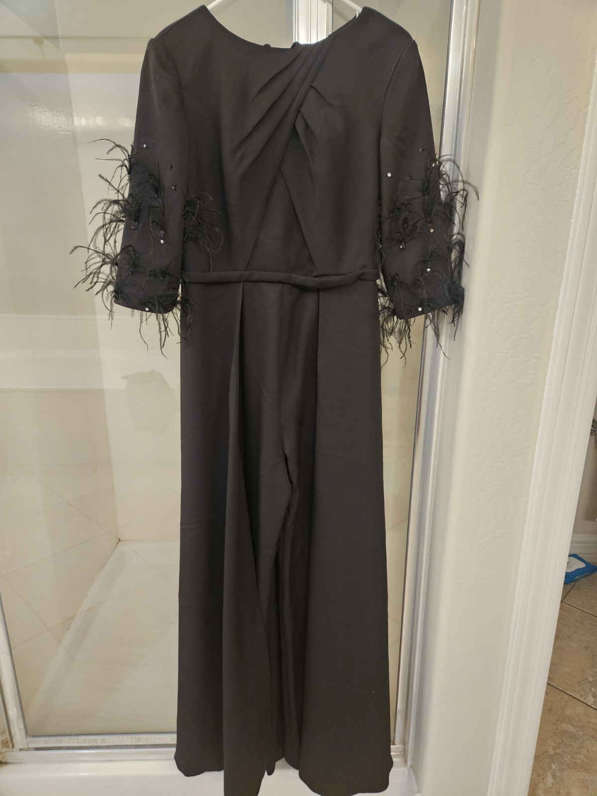 MONDRESSY Black Feather Sleeve Formal Jumpsuit w/ Attached Overskirt Size 8
