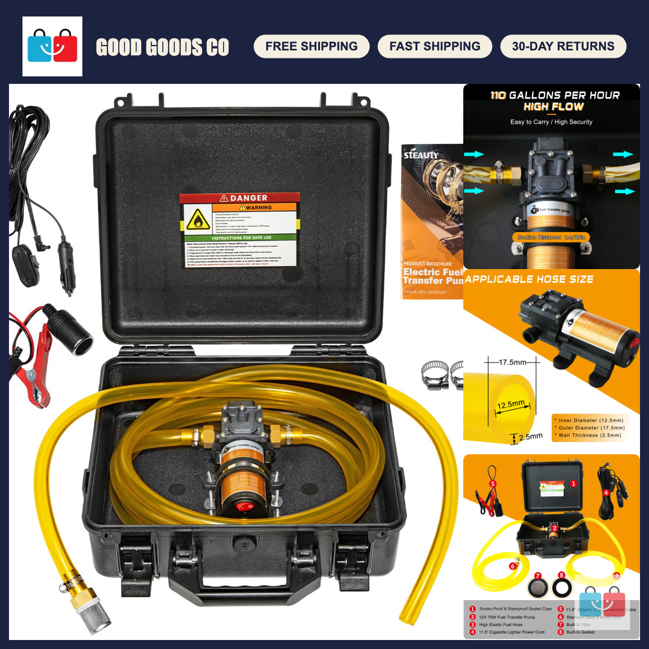 12V 75W Fuel Transfer Pump Kit, 110GPH Gas & Diesel Pump, Includes Fuel Pipe & C