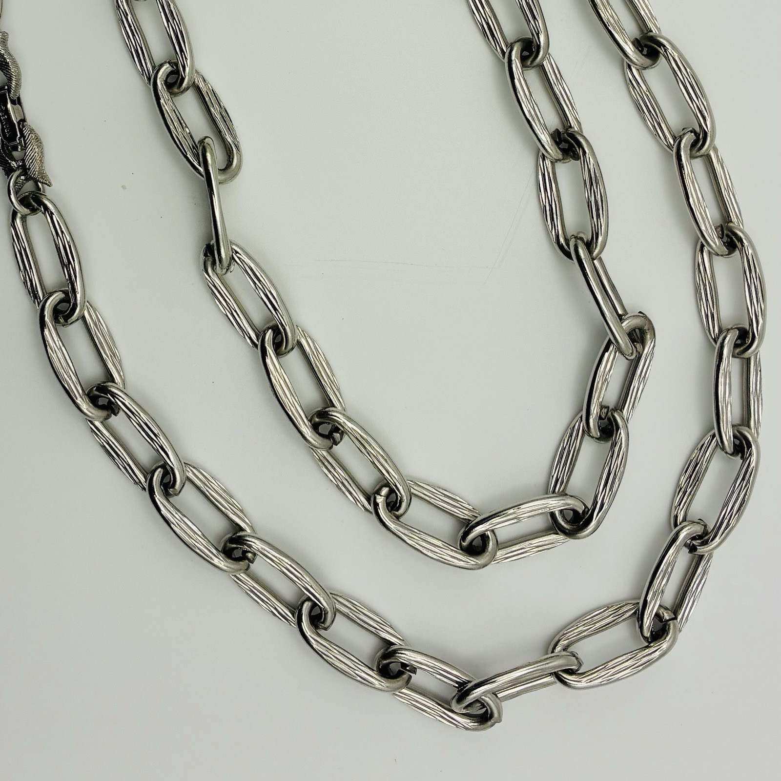 Vintage Kramer Textured Silver Tone Paperclip 30” Chunky Chain 1960-1970’s.