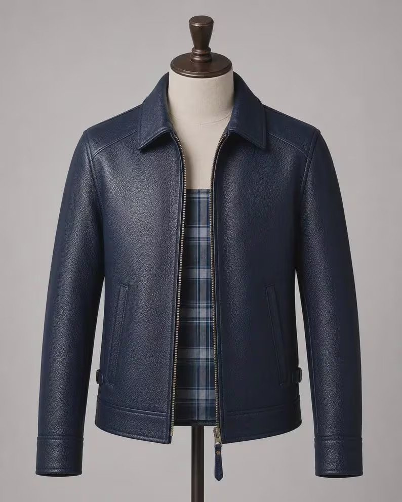 Men\'s Navy Italian Leather Jacket, Handmade Minimalist Zip Casual Coat