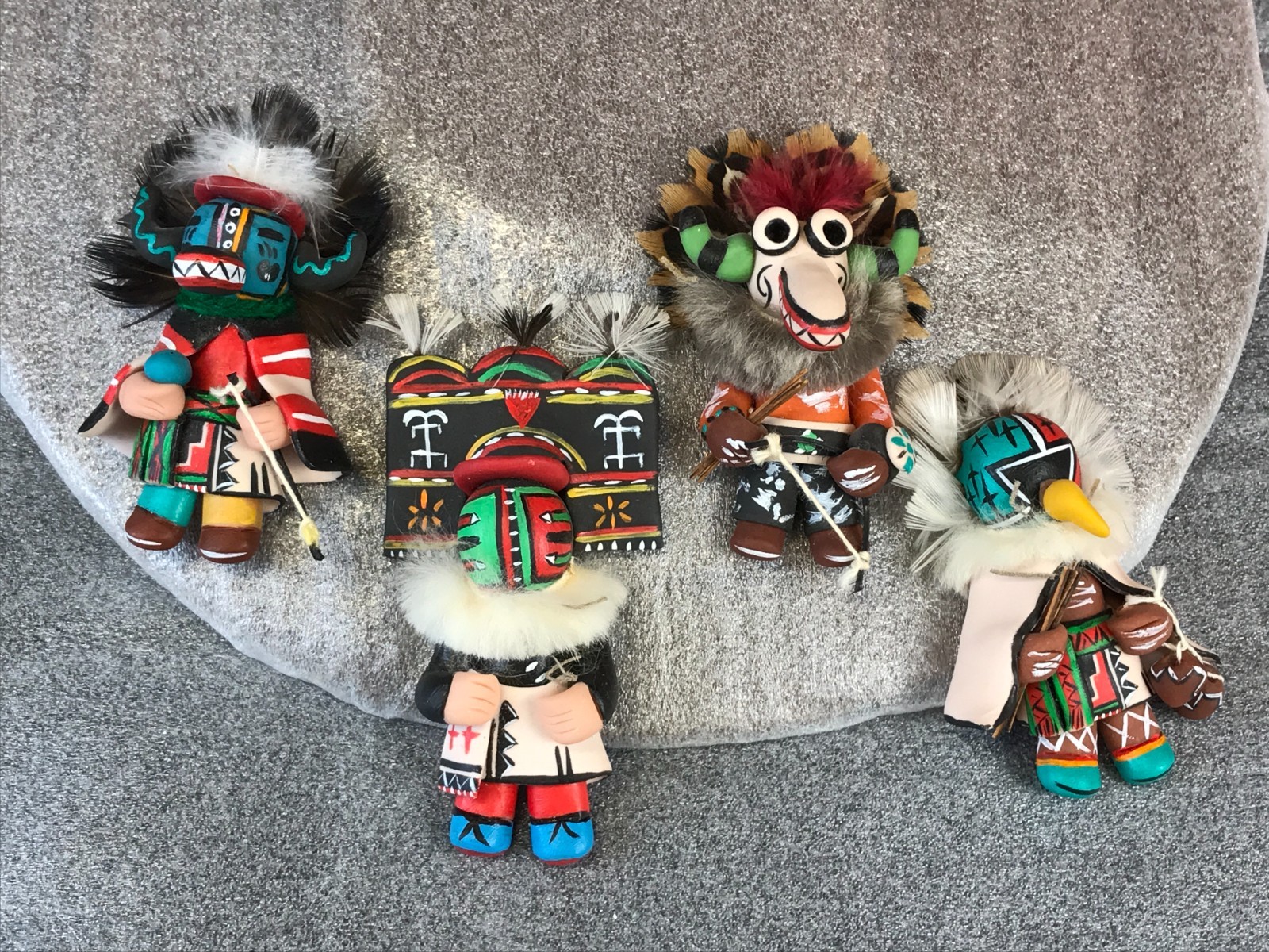 4 JEMEZ Pueblo Polymer CLAY EAGLE BADGER COW KACHINA Ornaments Signed Elsie '95