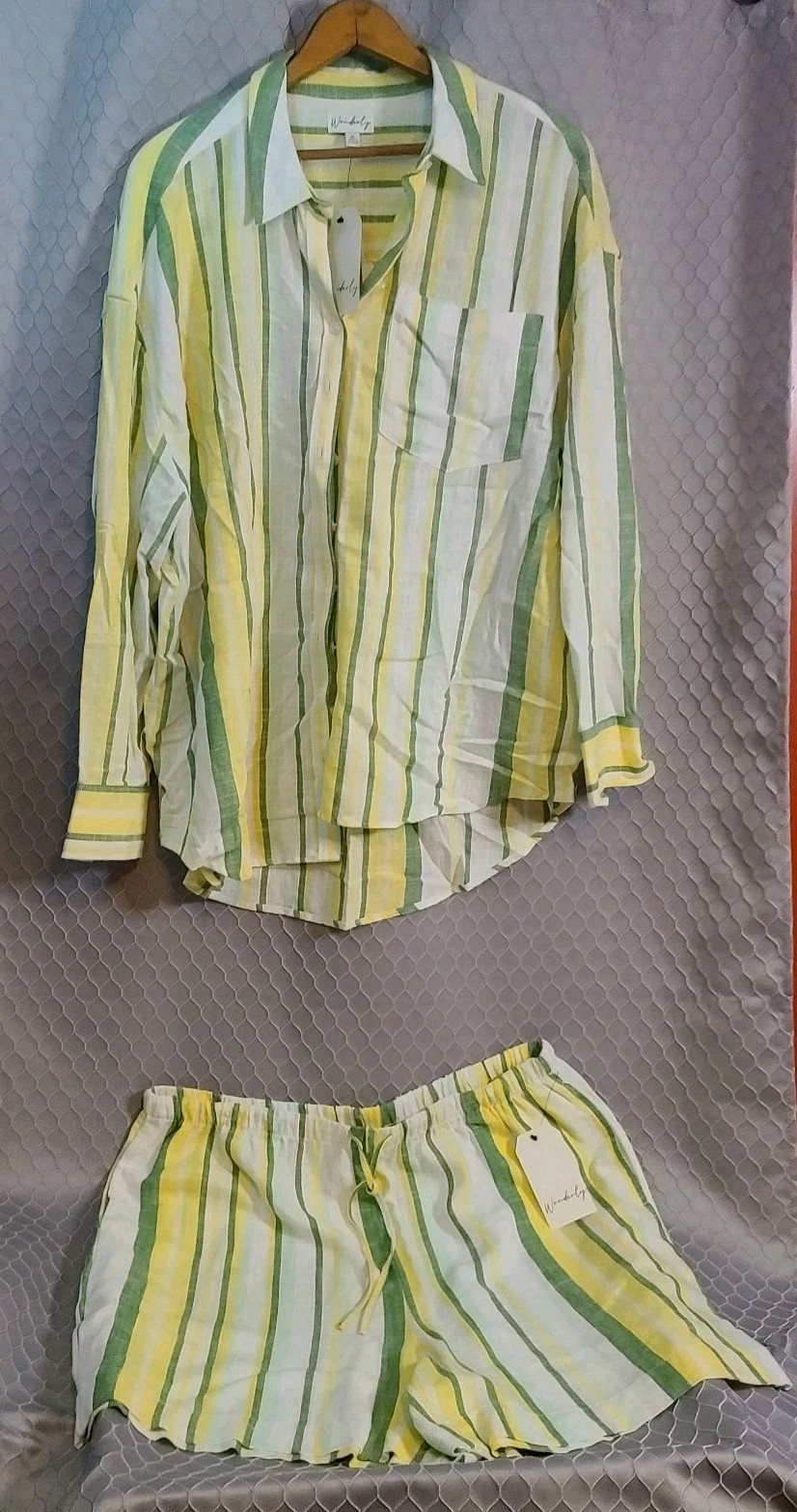 Nwt Wonderly Womens XL 2pc Linen/Cotton Green Striped Oversized Top Lounge Pool Nwt Wonderly Womens XL 2pc Linen/Cotton Green Striped Oversized Top Lounge Pool