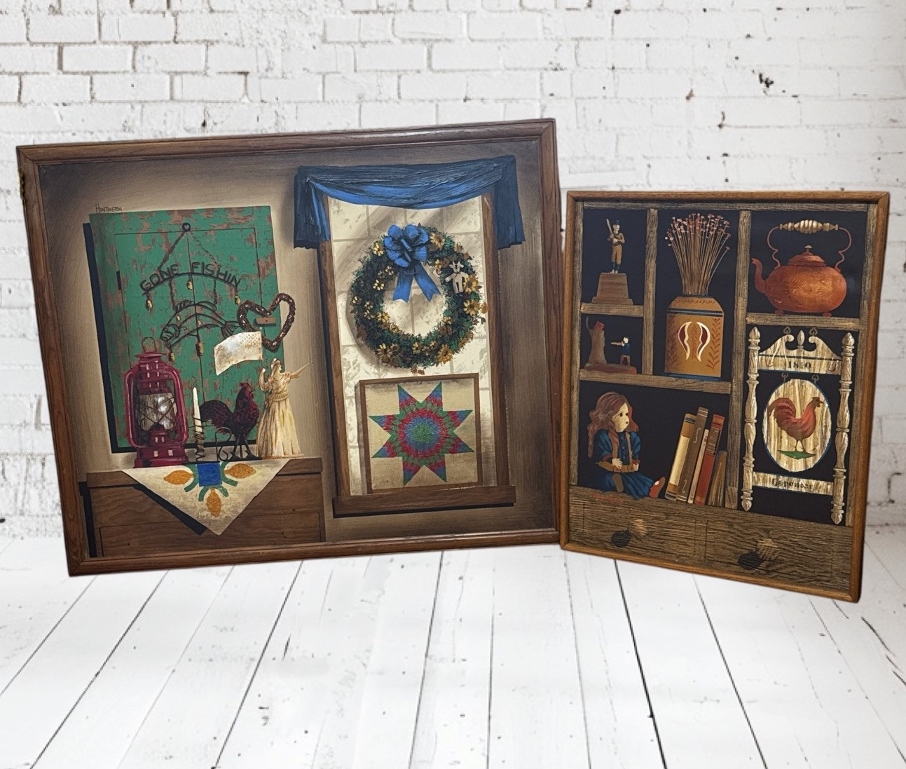 2 Signed H. Huntington Country Folk Art Paintings Doll/Fishing/Quilting 47”x 39”