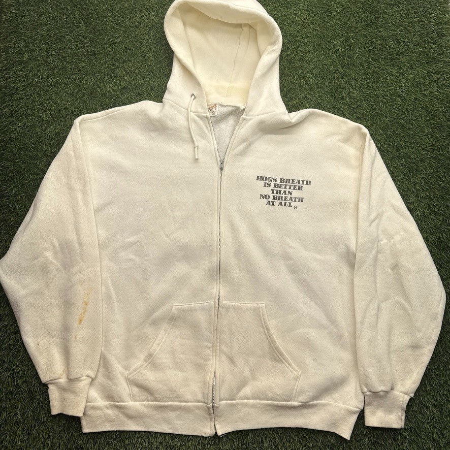 Vintage 70s Hogs Breath Saloon Hoodie Adult XL White Distressed