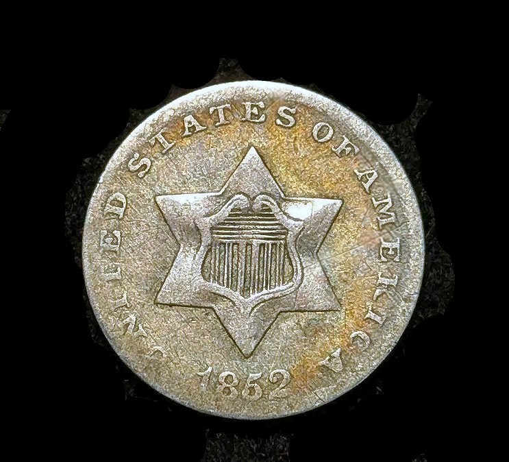 1852 - Three Cent Silver Piece 3c III Cent Old Coin Pictured 1852 - Three Cent Silver Piece 3c III Cent Old Coin Pictured