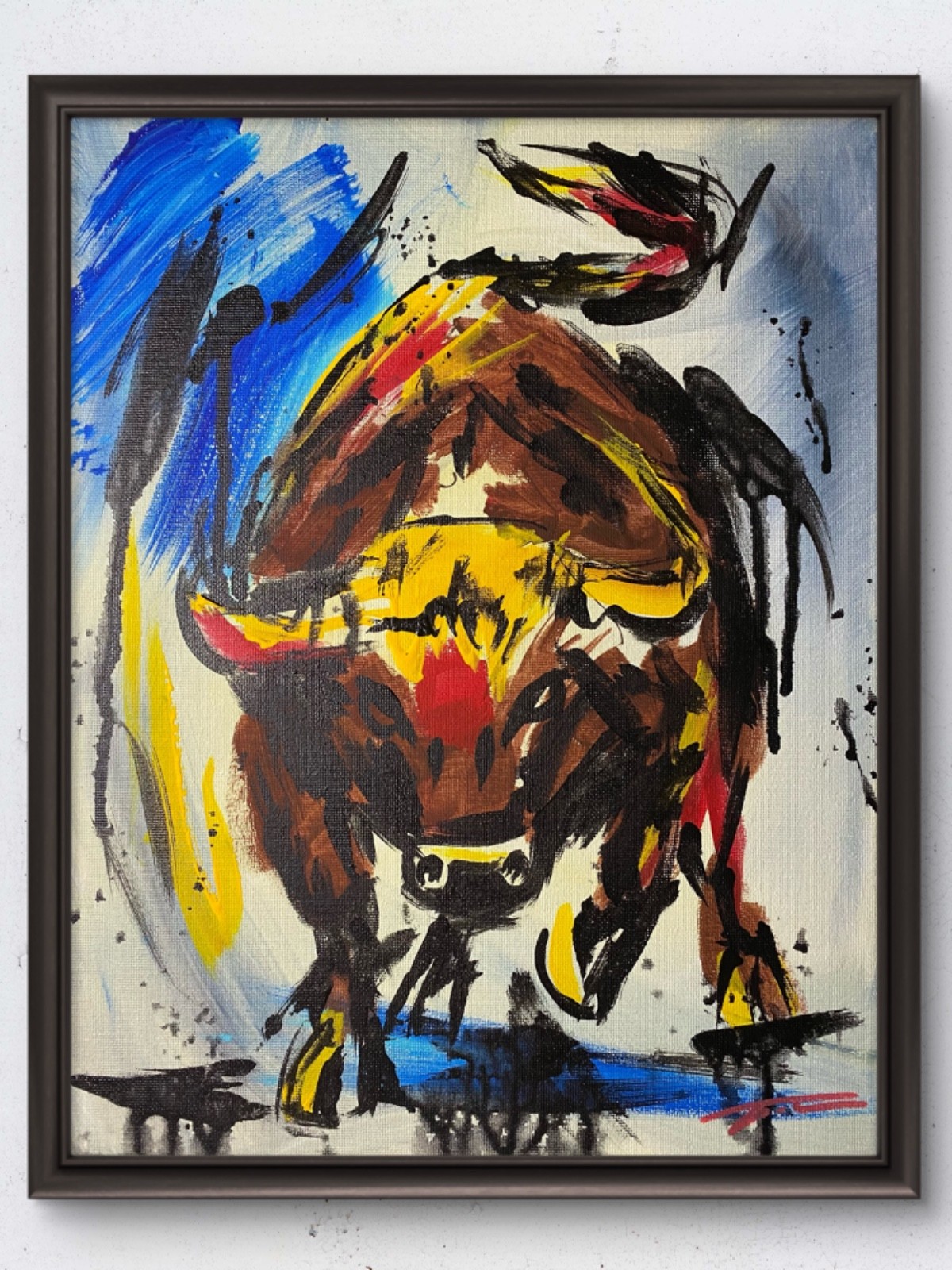 Original 14x11 Expressionist Charging Bull Abstract Painting Signed Canvas