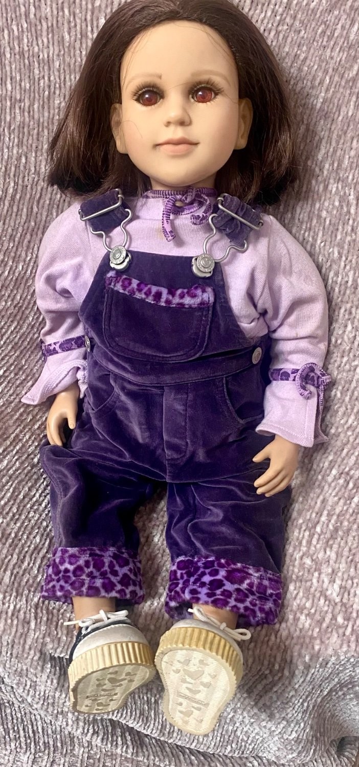 My Twinn 23 inch Portrait Doll purple leopard overalls 2003 Brown Bob Hairstyle