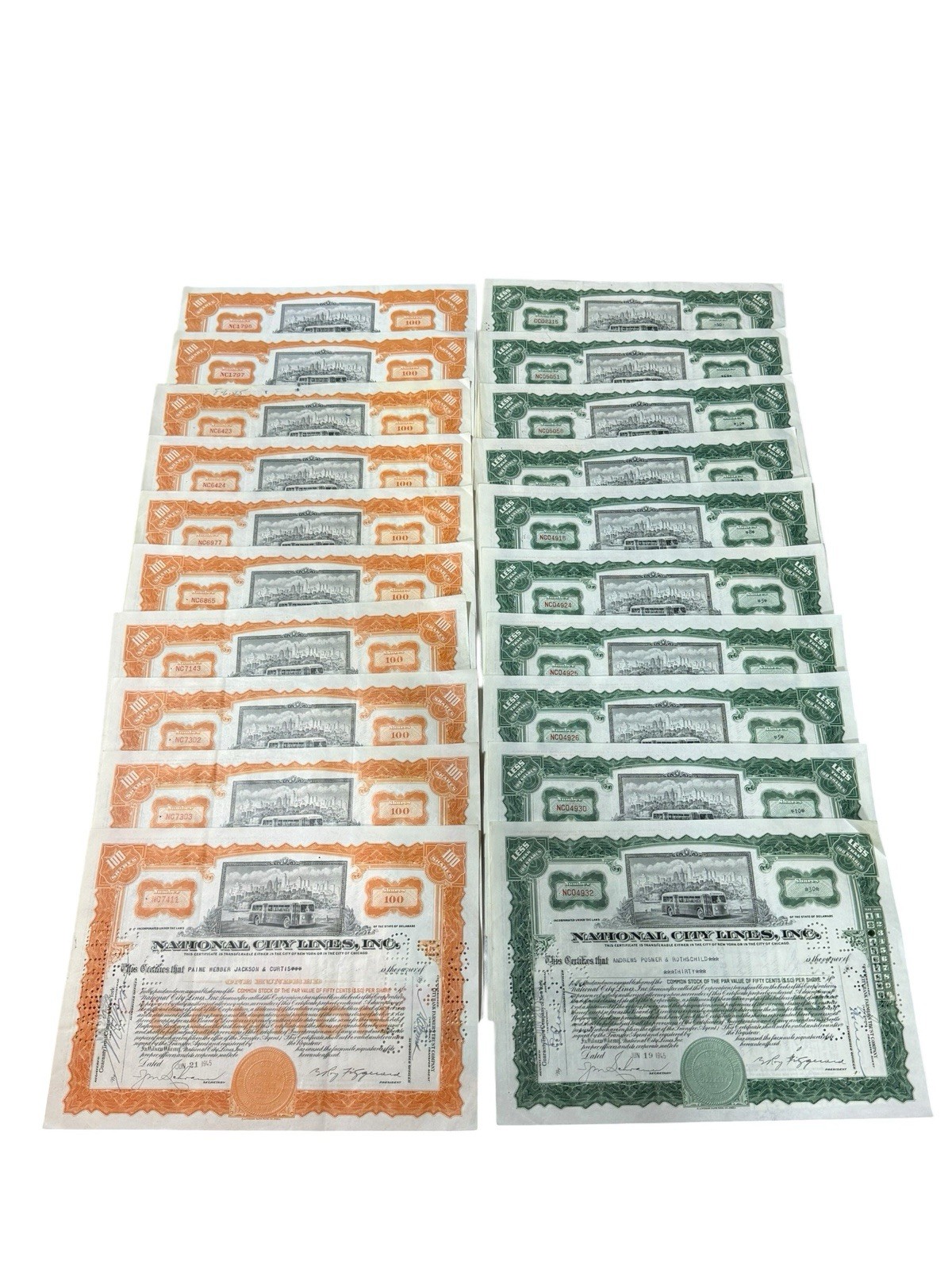 Vintage 1940s National City Lines Stock Certificate Lot Of 20 Transportation Bus