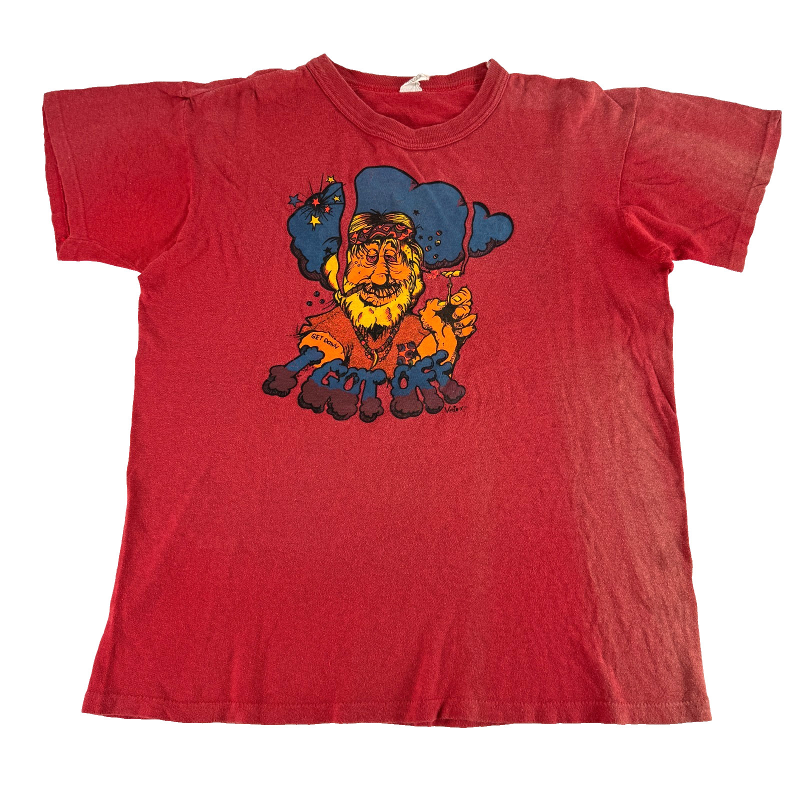 Vintage 70s Hippie T Shirt I Got Off Trippy Weed Get Down Nelson Psychedelic L