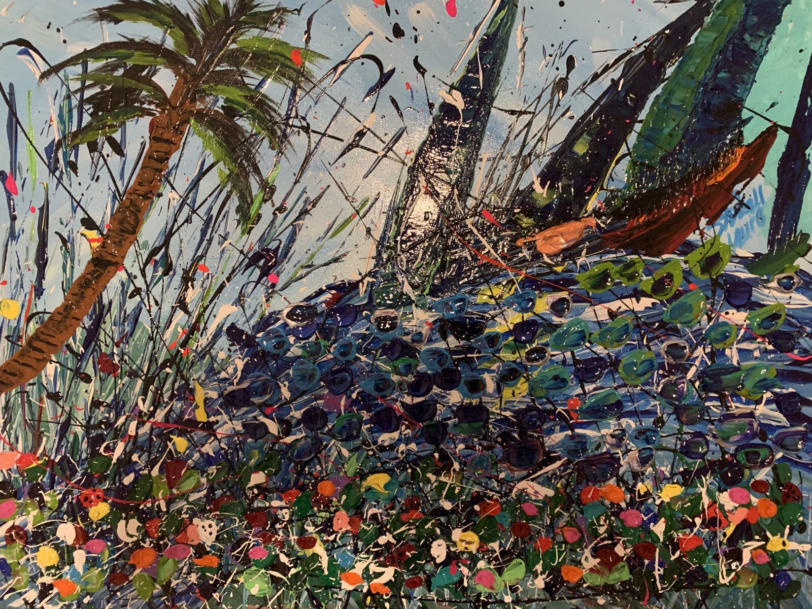 Impasto Style Painting Sailboats and Flowers TEXTURED  18x24