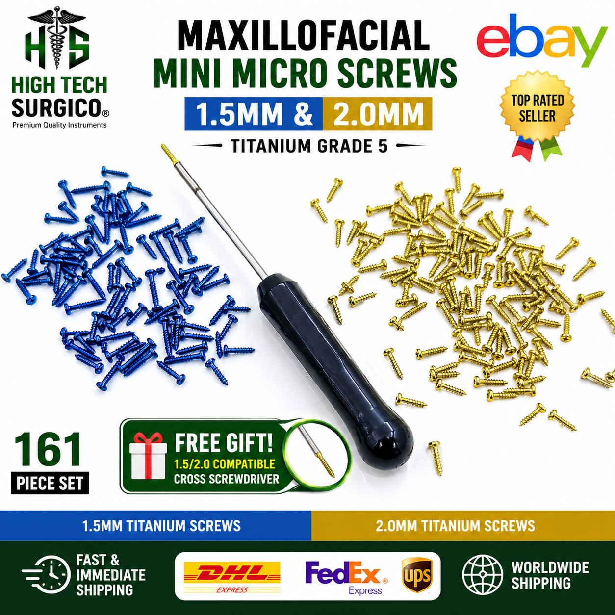 Máxillofáciàl Mini Micro Cross Head Screws 1.5mm /2.0mm Titanium + Driver 161pcs Máxillofáciàl Mini Micro Cross Head Screws 1.5mm /2.0mm Titanium + Driver 161pcs