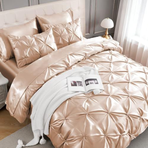 MR&HM Satin King Size Comforter Set Champagne, 7-Piece King, Champagne