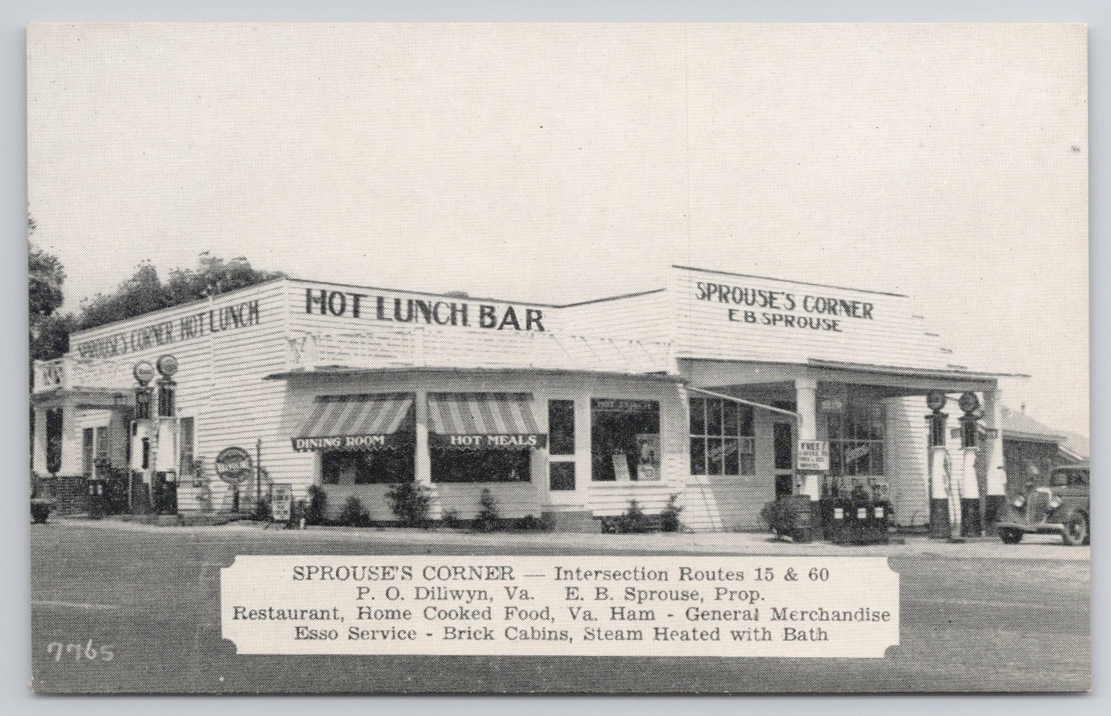 Sprouse's Corner Dillwyn Virginia VA Hot Lunch Bar Esso Gas Postcard a21953