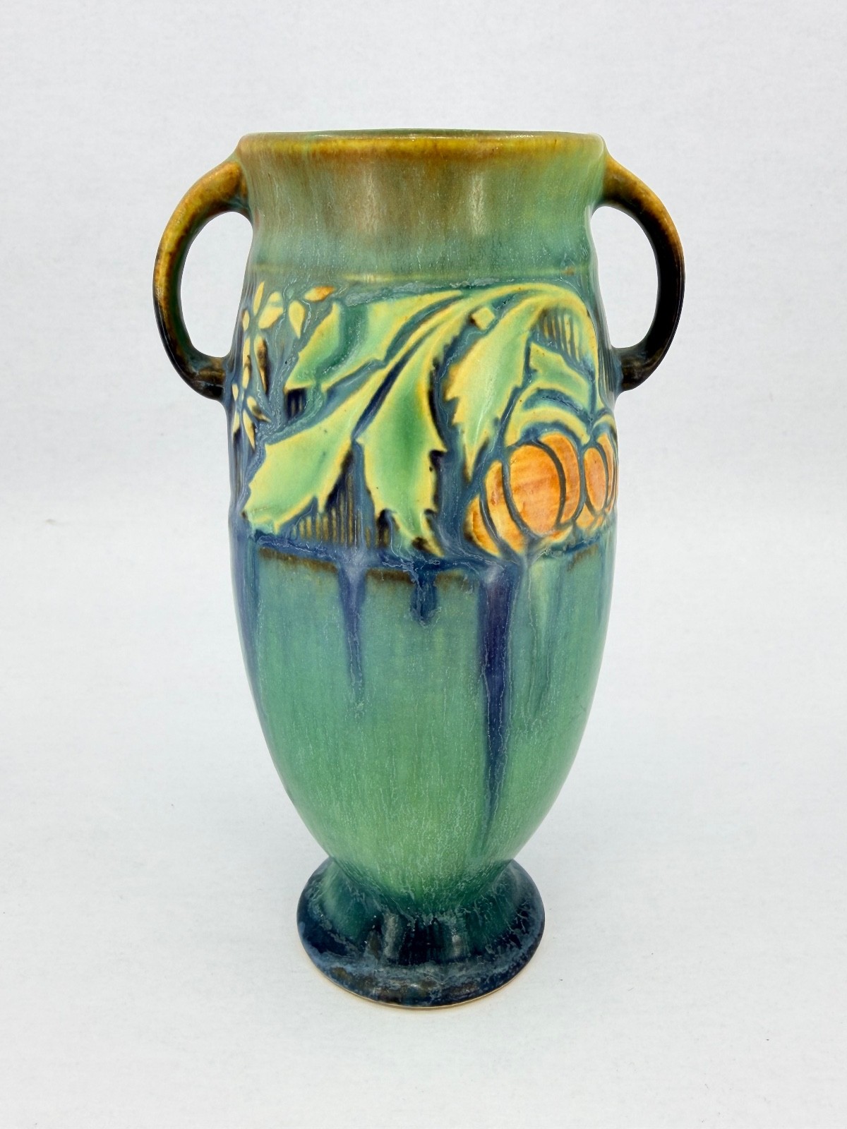 Roseville Baneda Green Vintage Arts Crafts Pottery Double Handled Ceramic Vase Roseville Baneda Green Vintage Arts Crafts Pottery Double Handled Ceramic Vase