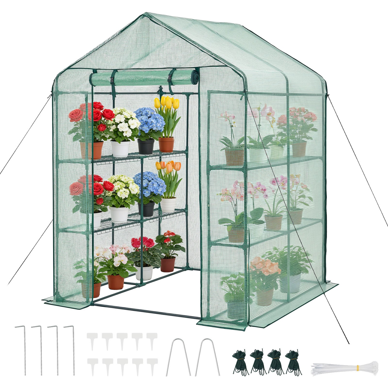 VEVOR Walk-in Greenhouse Portable Green House Outdoor 2 Tier 8 Shelves PE Cover