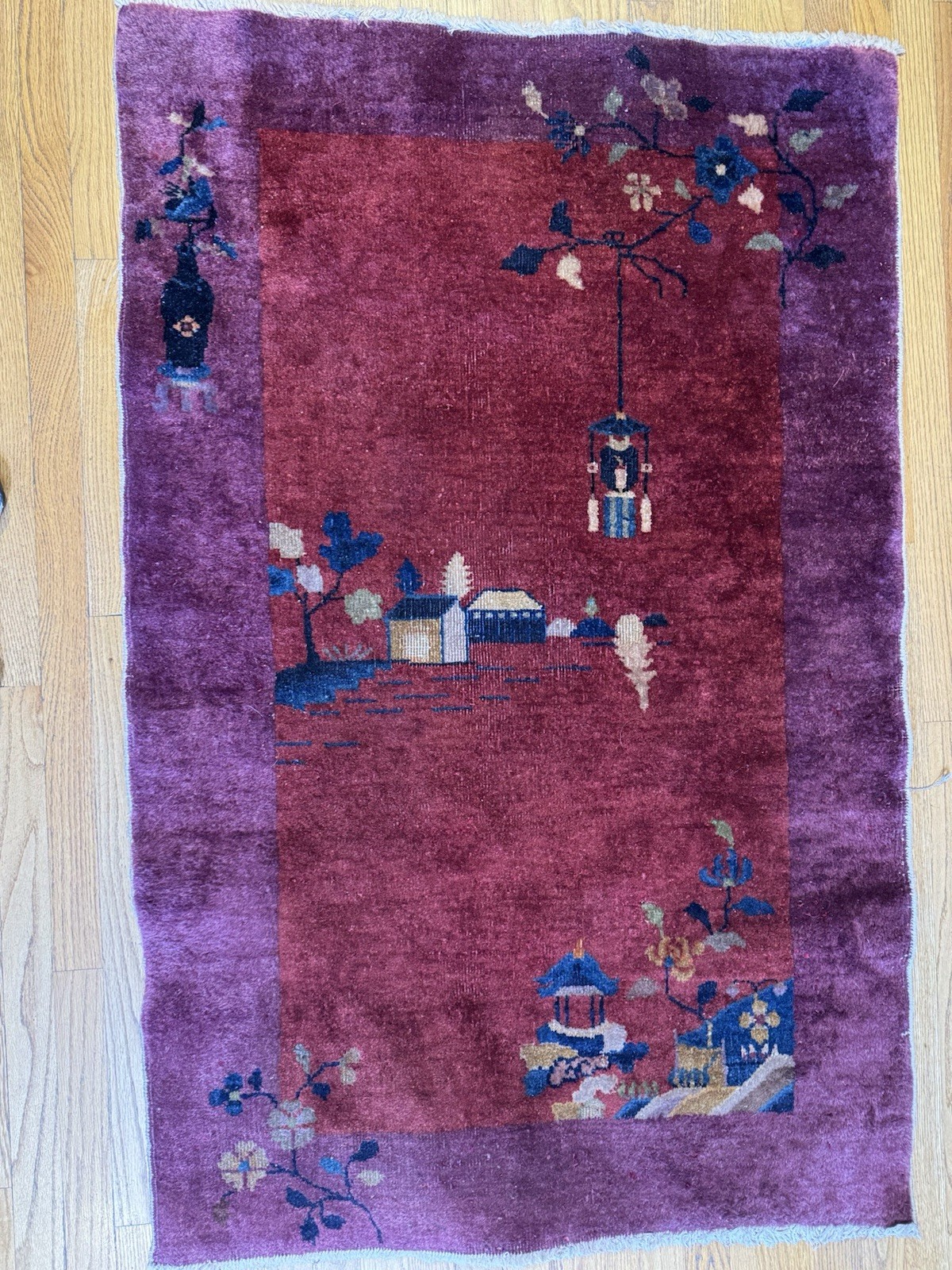 Antique Handmade Chinese Art Deco Rug Circa 1920 Charming Village Scene 5x3’2
