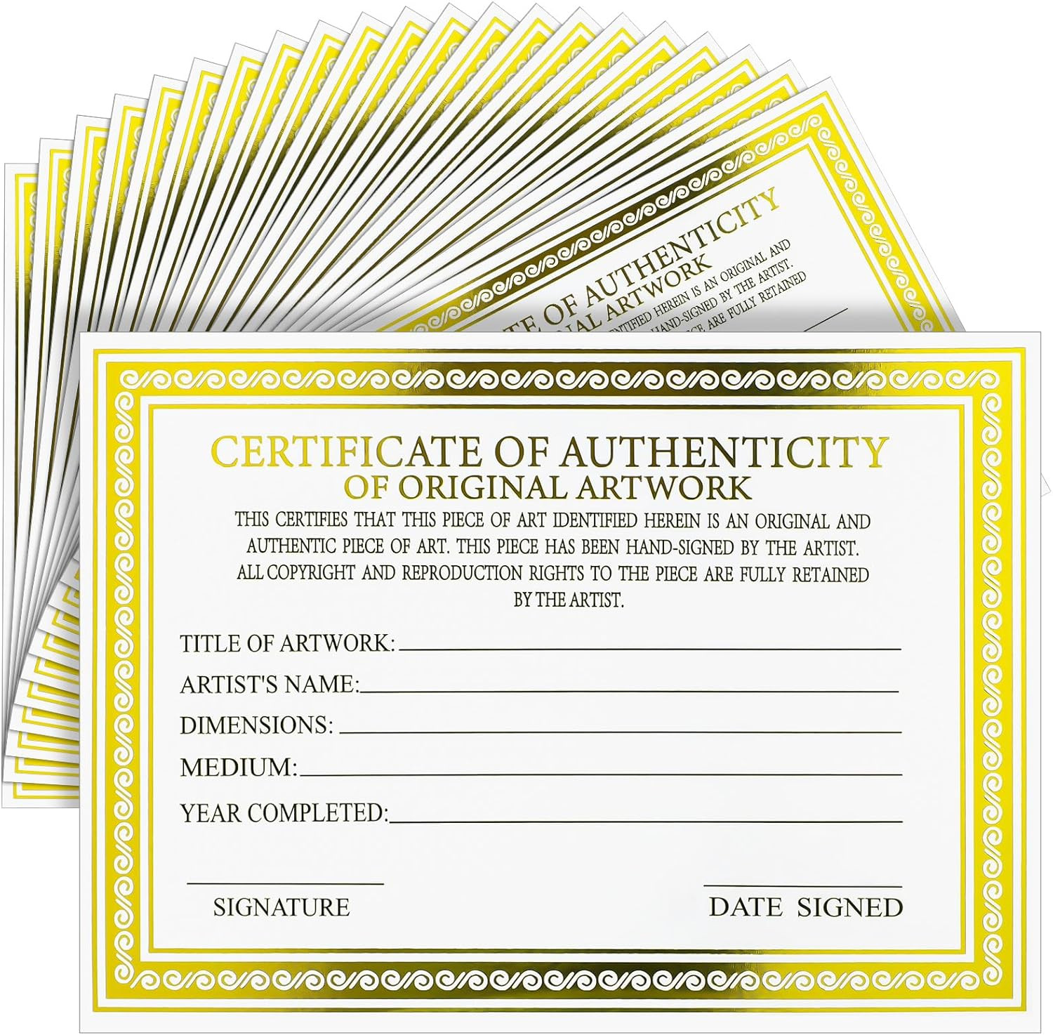 25 Pcs 5 X 7 Inch Certificate of Authenticity for Original Artwork Gold Foil Pre