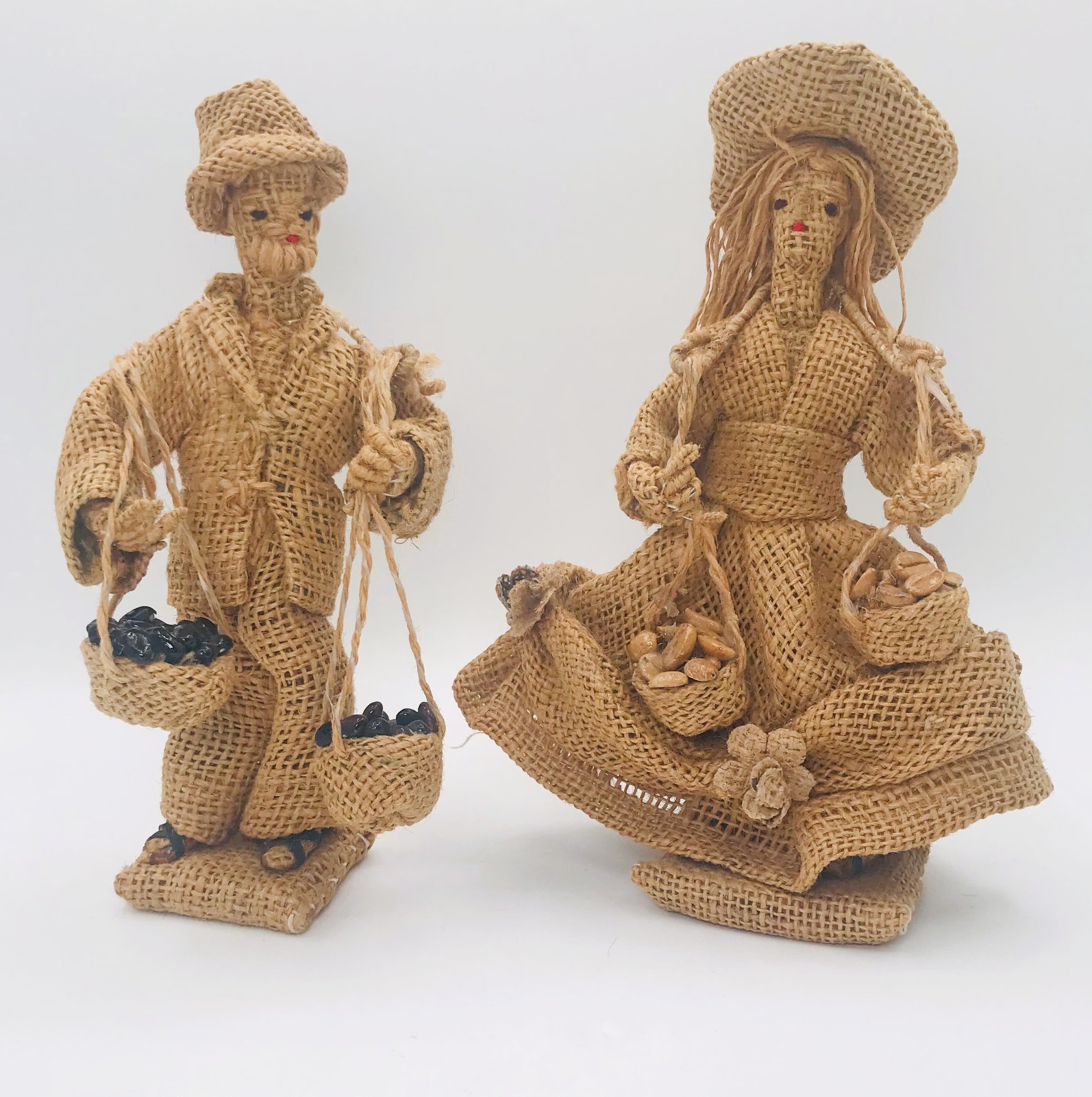 Vintage Burlap Peasant Man & Woman Carrying Produce Figurines Primitive Folk Art