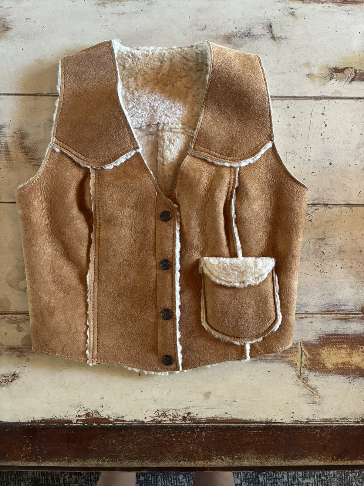 Vintage Overland Sheepskin Toas NM Fleece Lined Leather Kid Vest Vintage Overland Sheepskin Toas NM Fleece Lined Leather Kid Vest