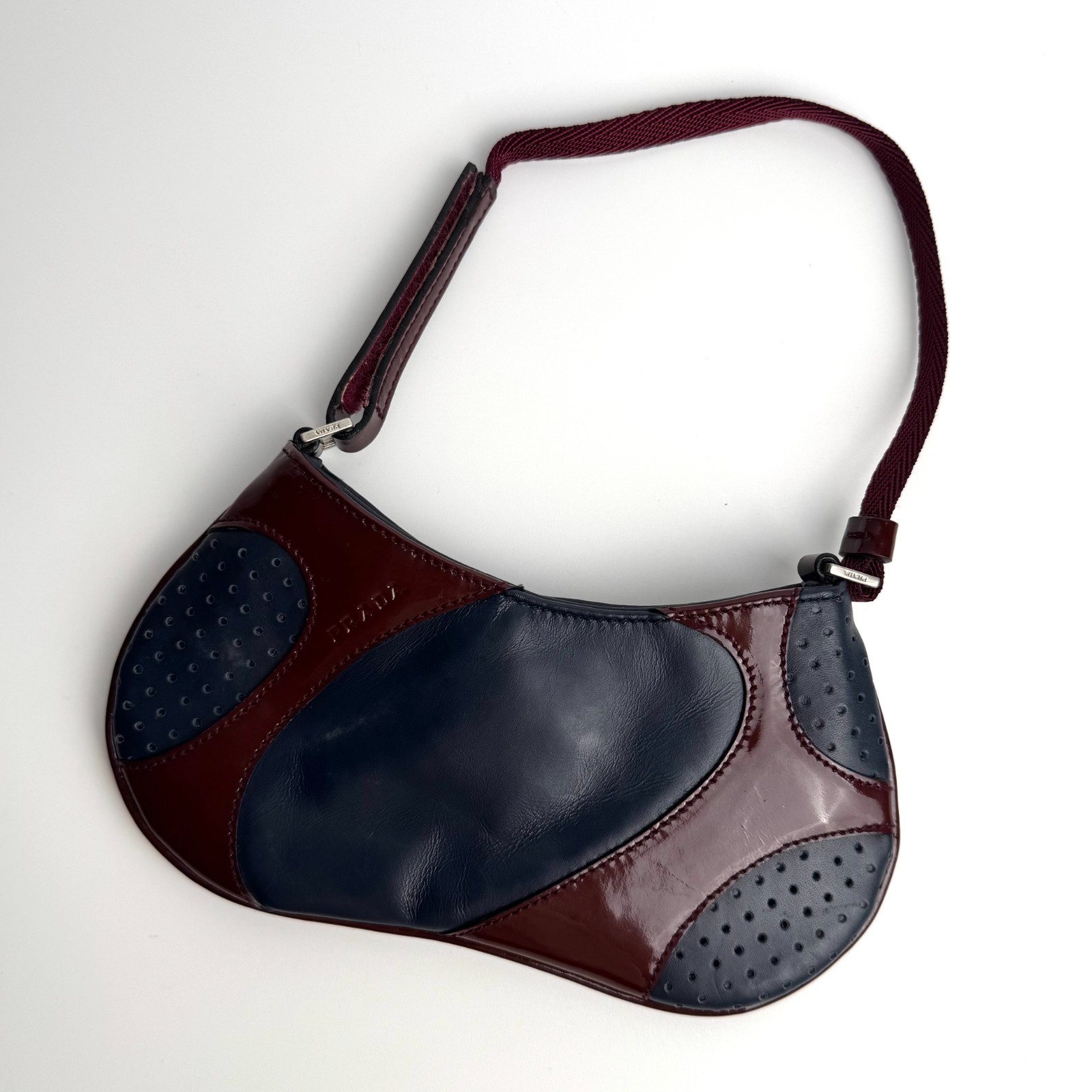 PRADA 2000 Vitello Drive Mini Handbag Blue Burgundy Patent Leather Authentic Y2K