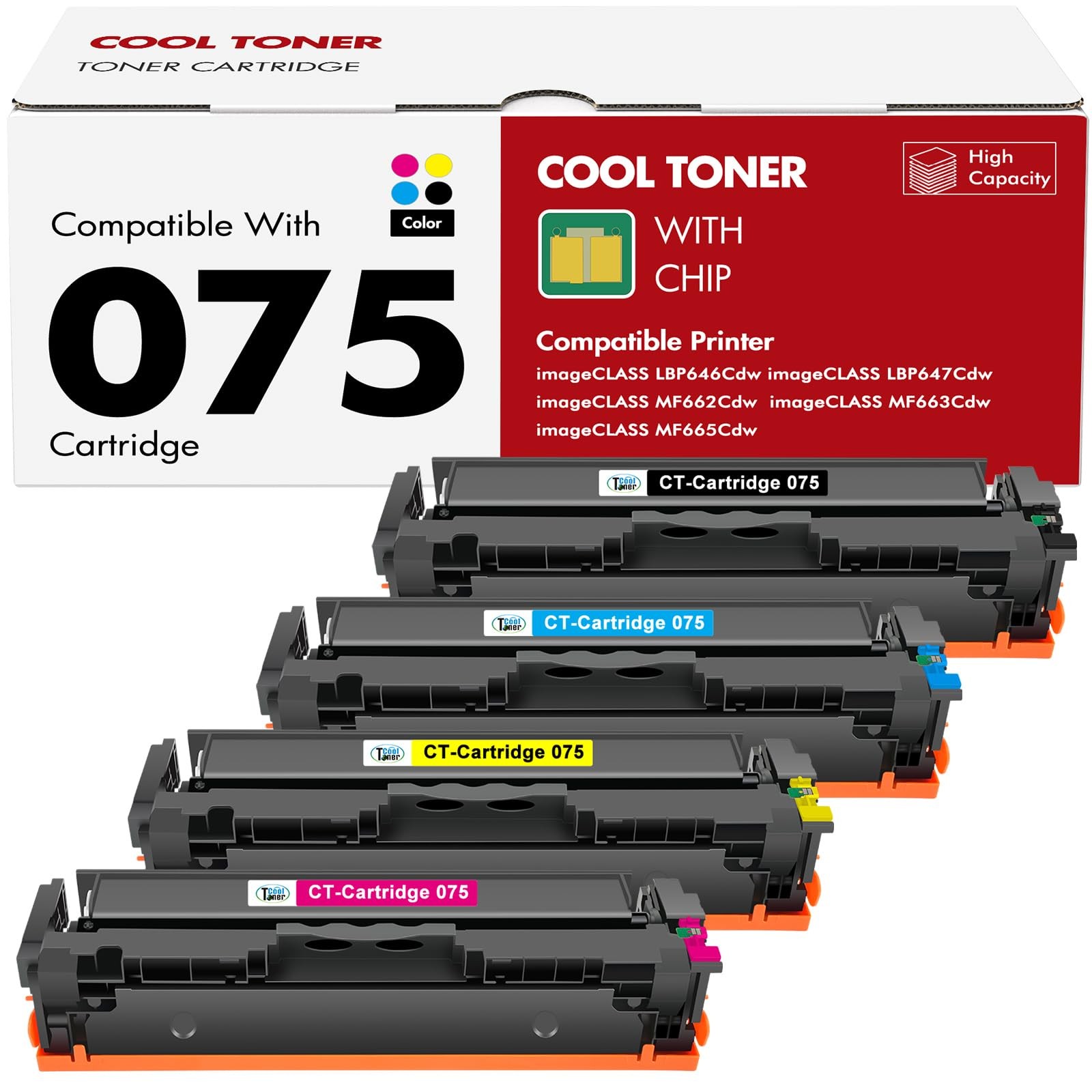 ** NEW Canon Toner | 075 / 075H | Black/Color | With Chips | Compatible | 4-Pack