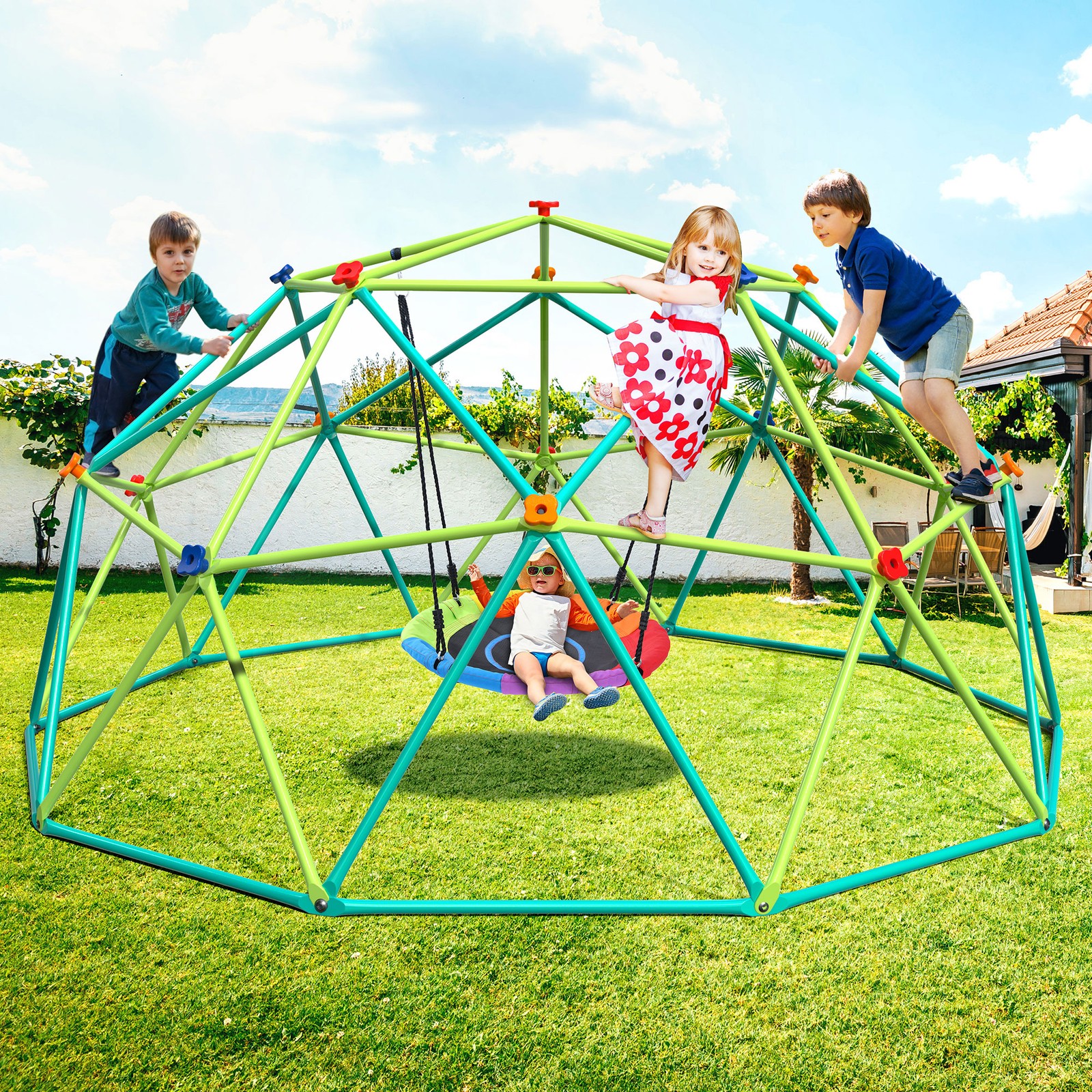 Hapfan Climbing Dome 10ft Dome Climber Jungle Gym with Saucer Swing Outdoor Play