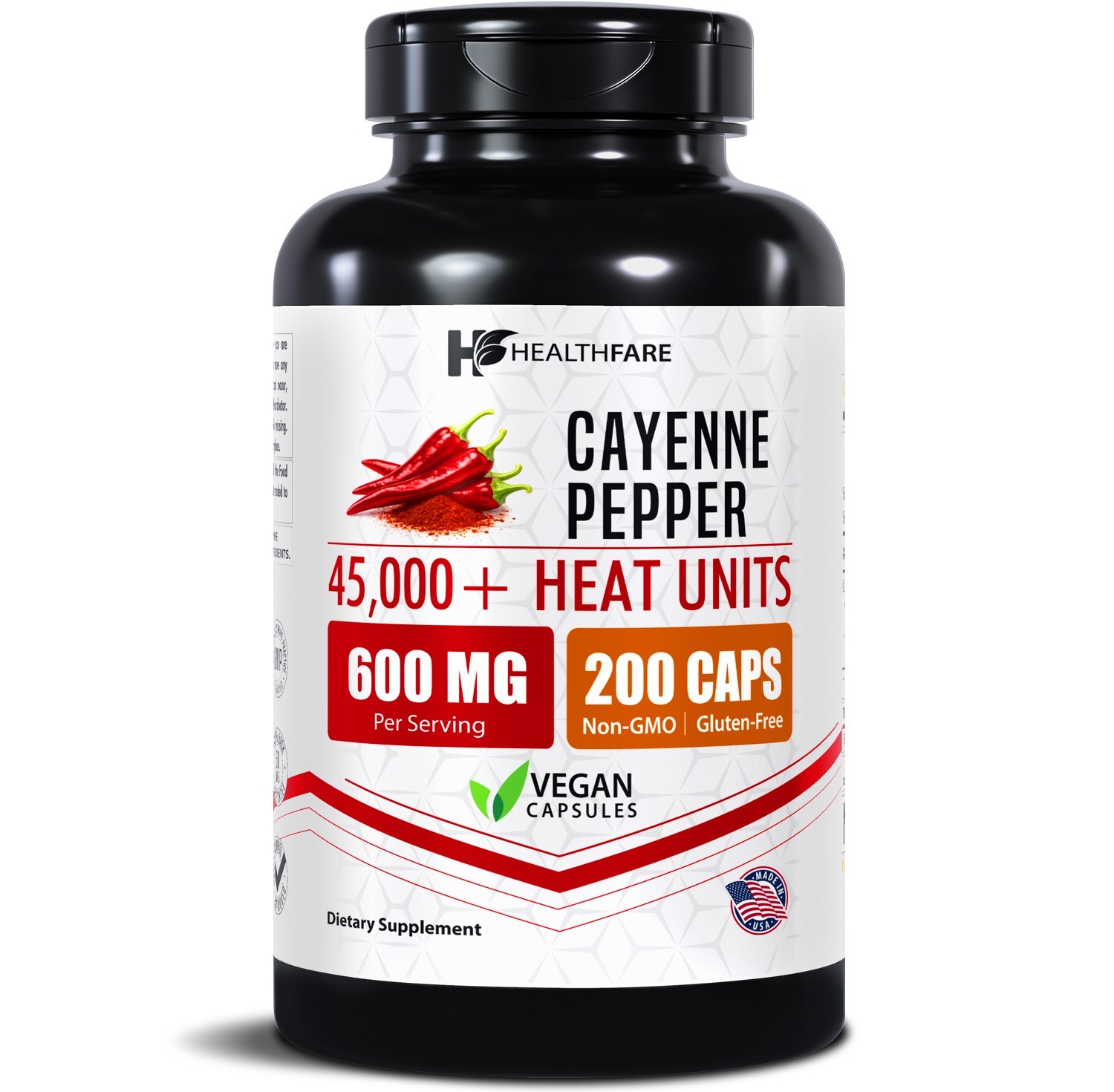 Healthfare Cayenne Pepper Extract, 600mg | 200 Veg Capsules | 45,000 HU