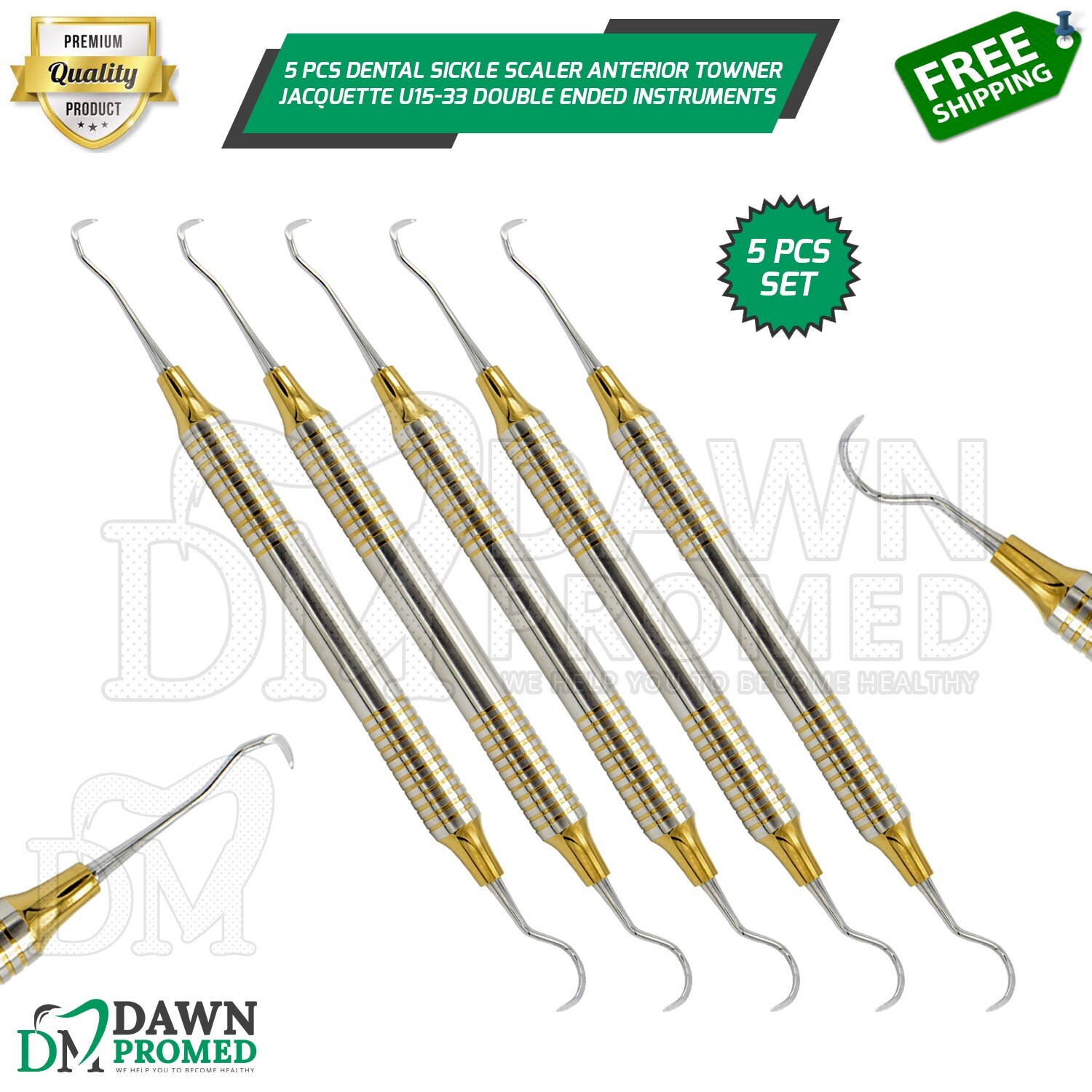 5 Pcs Dental Sickle Scaler Anterior Towner Jacquette Double Ended German Grade