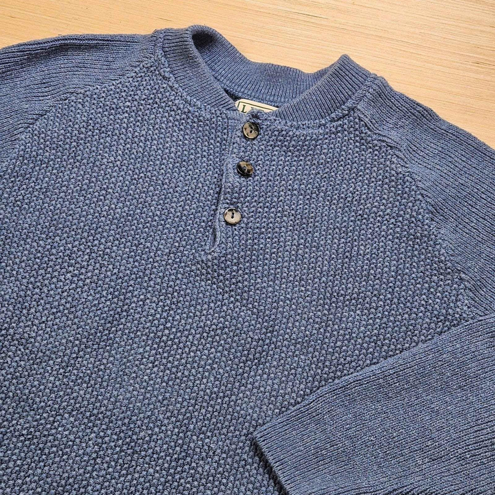 Vintage LL Bean Henley Knit Sweater Mens S Blue Cotton Knit USA Made